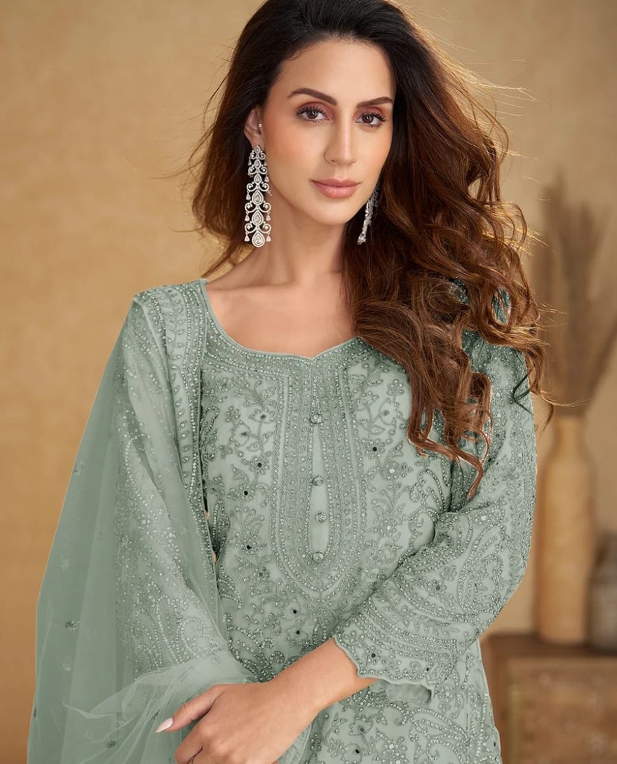 8113-A - Net Mint Green Embroidered Wedding Palazzo Suit